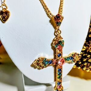 Betsey Johnson Gold Cross Necklace with Multicolor Stones